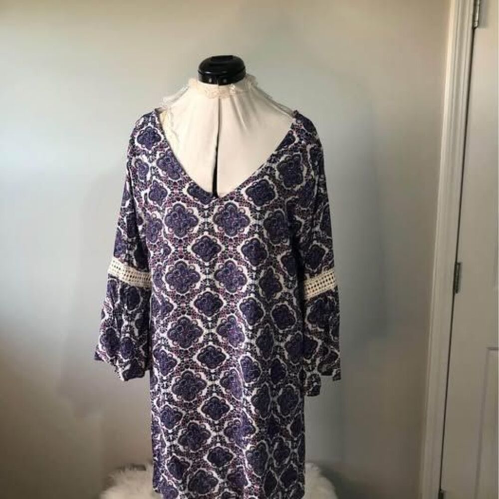 XL Umgee Long Sleeve Tunic Dress Suzani pinwheel sleeve C5884